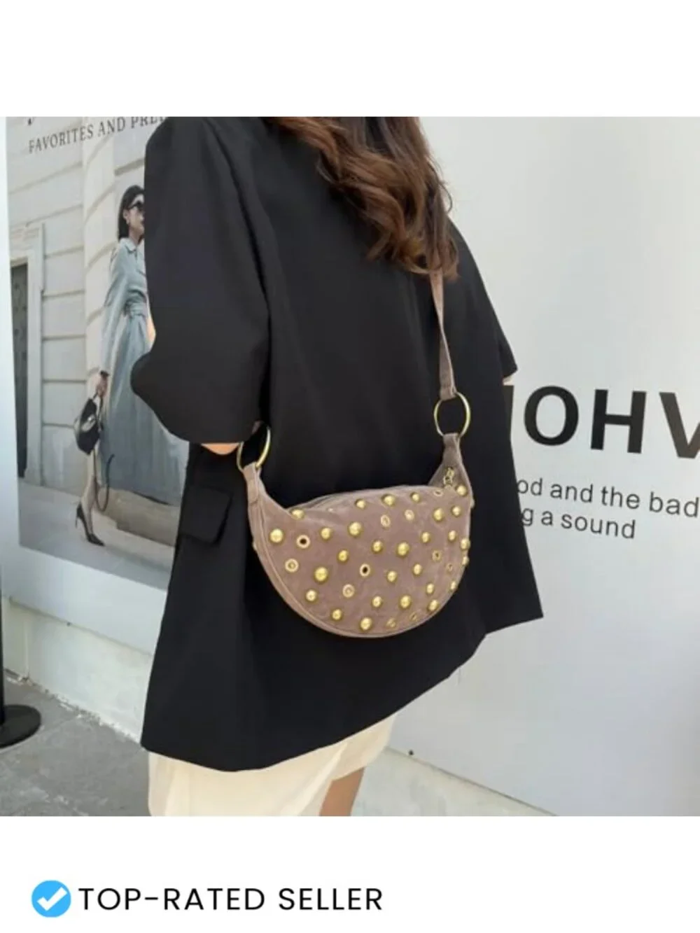 Studded Hobo Bag Faux Suede Crescent Shoulder Purse Women